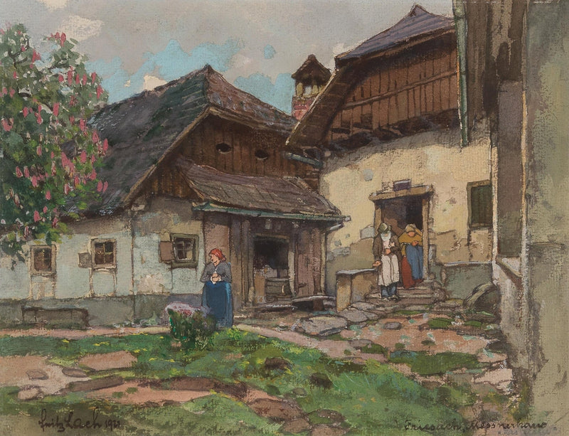 Landscape Oil Painting - Old Village House with Garden Courtyard - Oil Painting Haven
