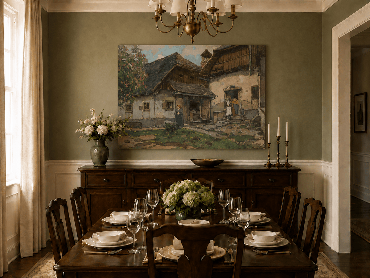 Landscape Oil Painting - Old Village House with Garden Courtyard