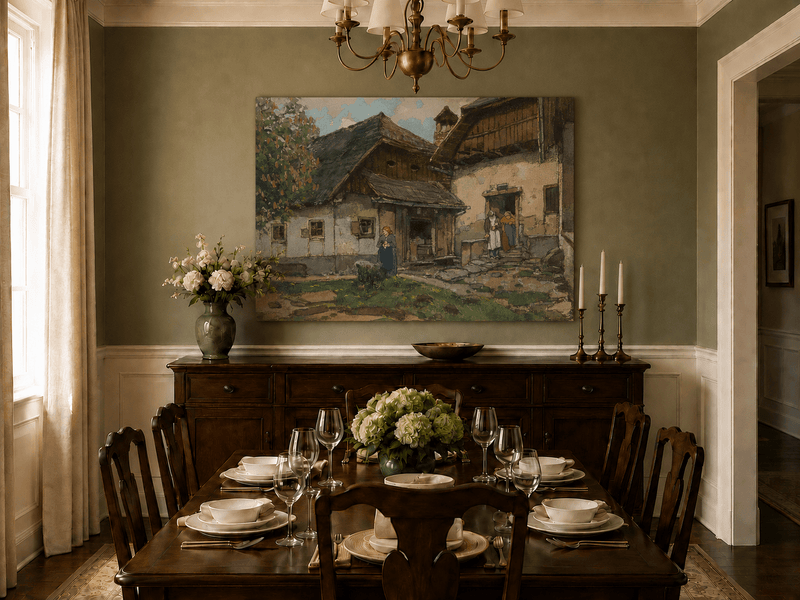 Landscape Oil Painting - Old Village House with Garden Courtyard
