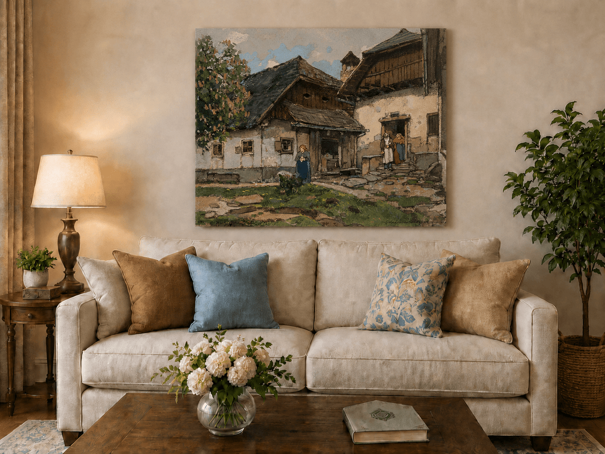 Landscape Oil Painting - Old Village House with Garden Courtyard