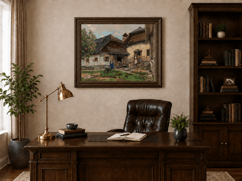 Landscape Oil Painting - Old Village House with Garden Courtyard