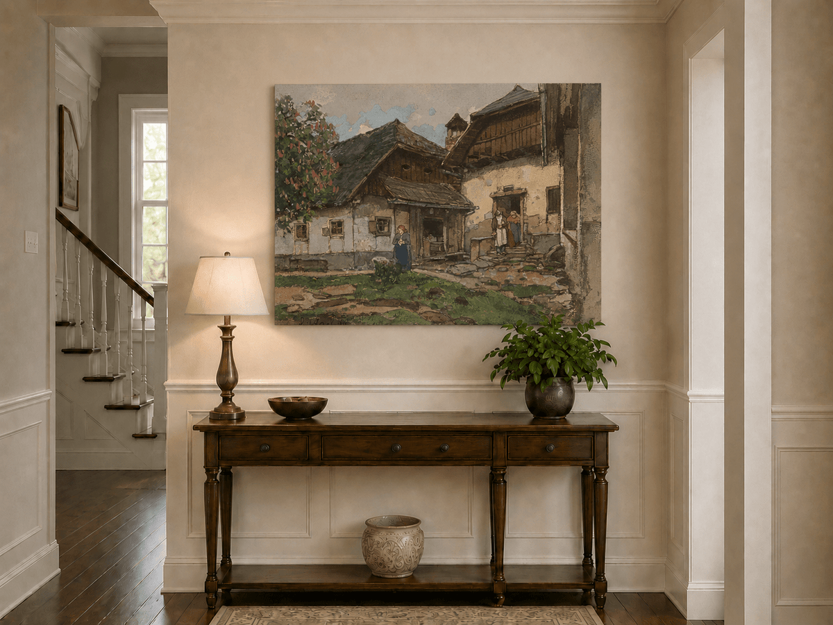 Landscape Oil Painting - Old Village House with Garden Courtyard