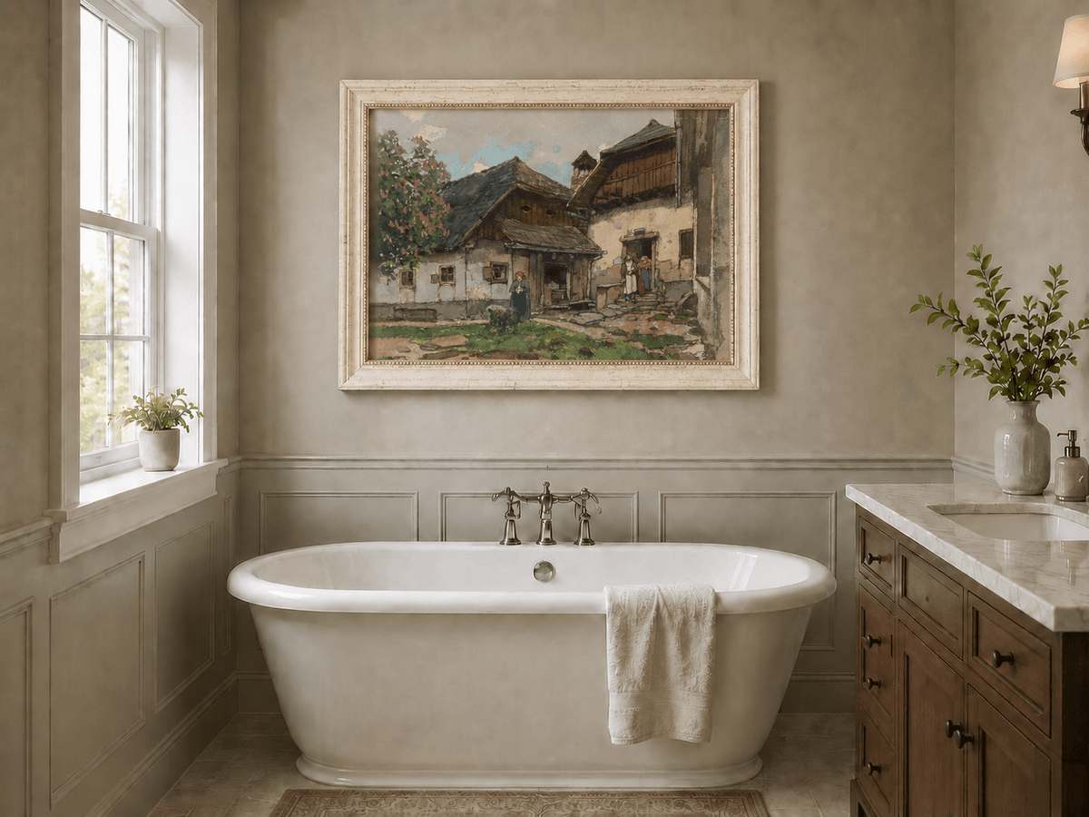 Landscape Oil Painting - Old Village House with Garden Courtyard