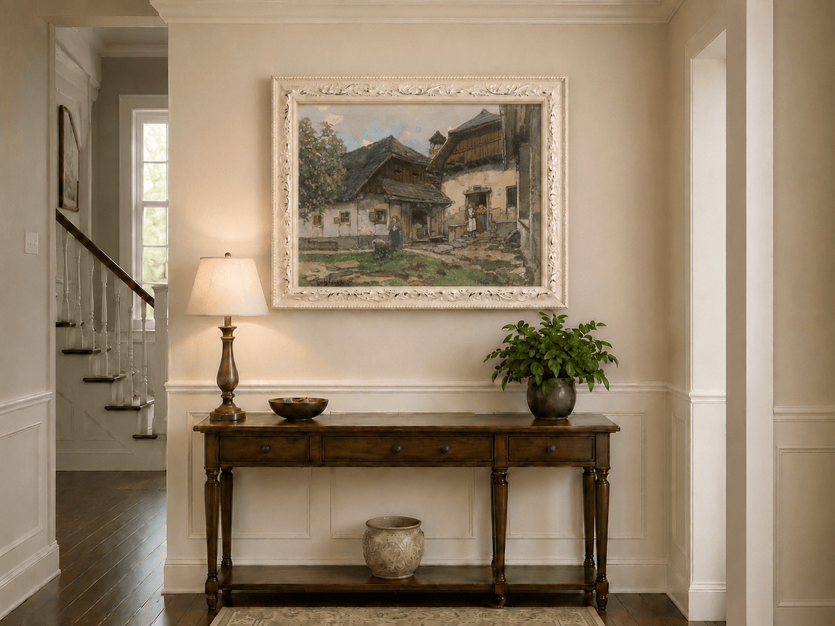 Landscape Oil Painting - Old Village House with Garden Courtyard