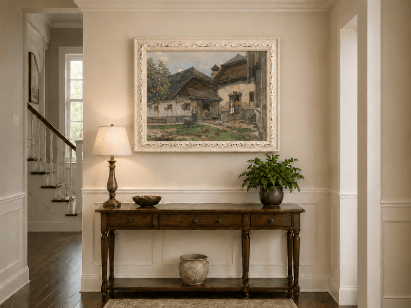 Landscape Oil Painting - Old Village House with Garden Courtyard