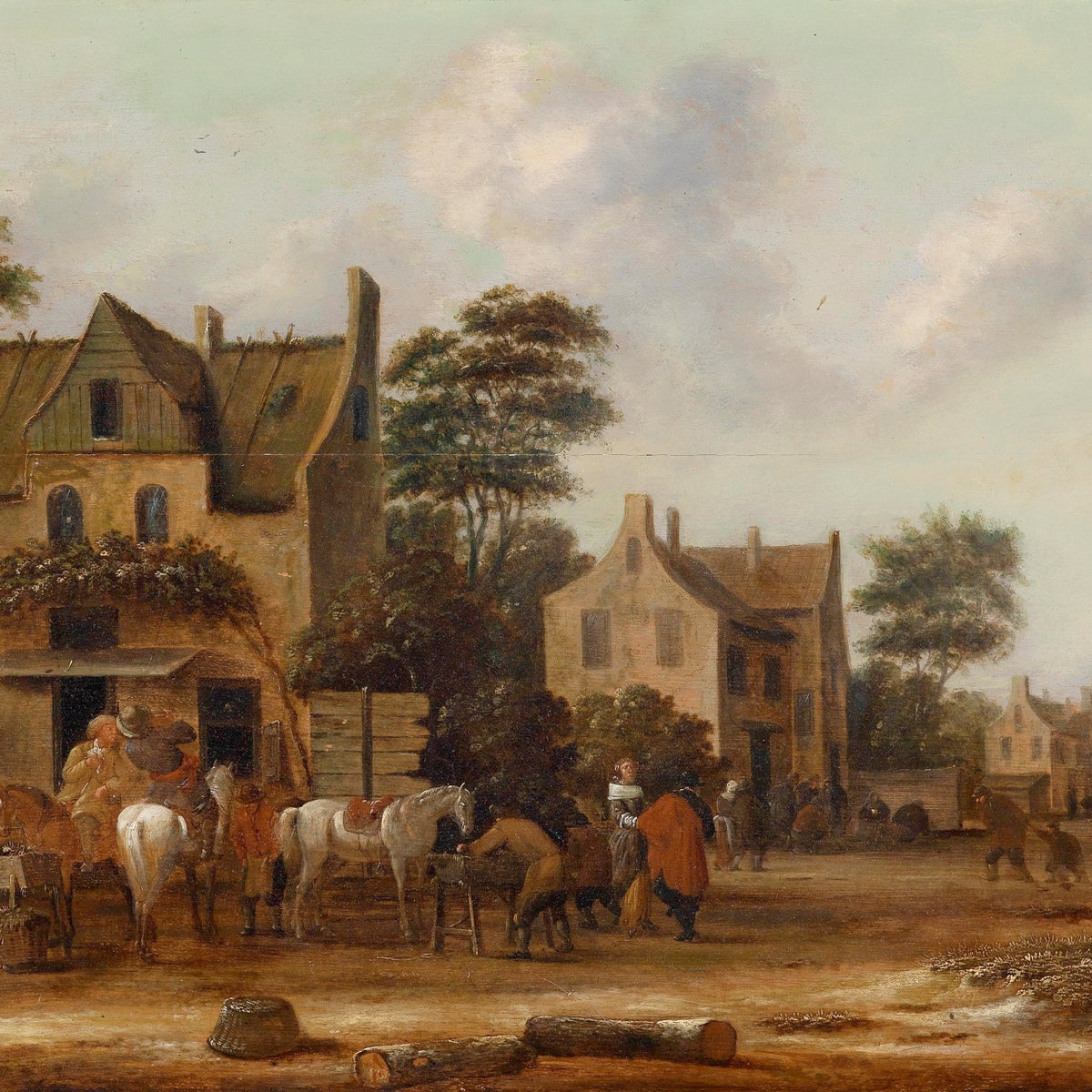 Landscape Oil Painting - Old Village Square, Traditional Buildings, Horses - Oil Painting Haven