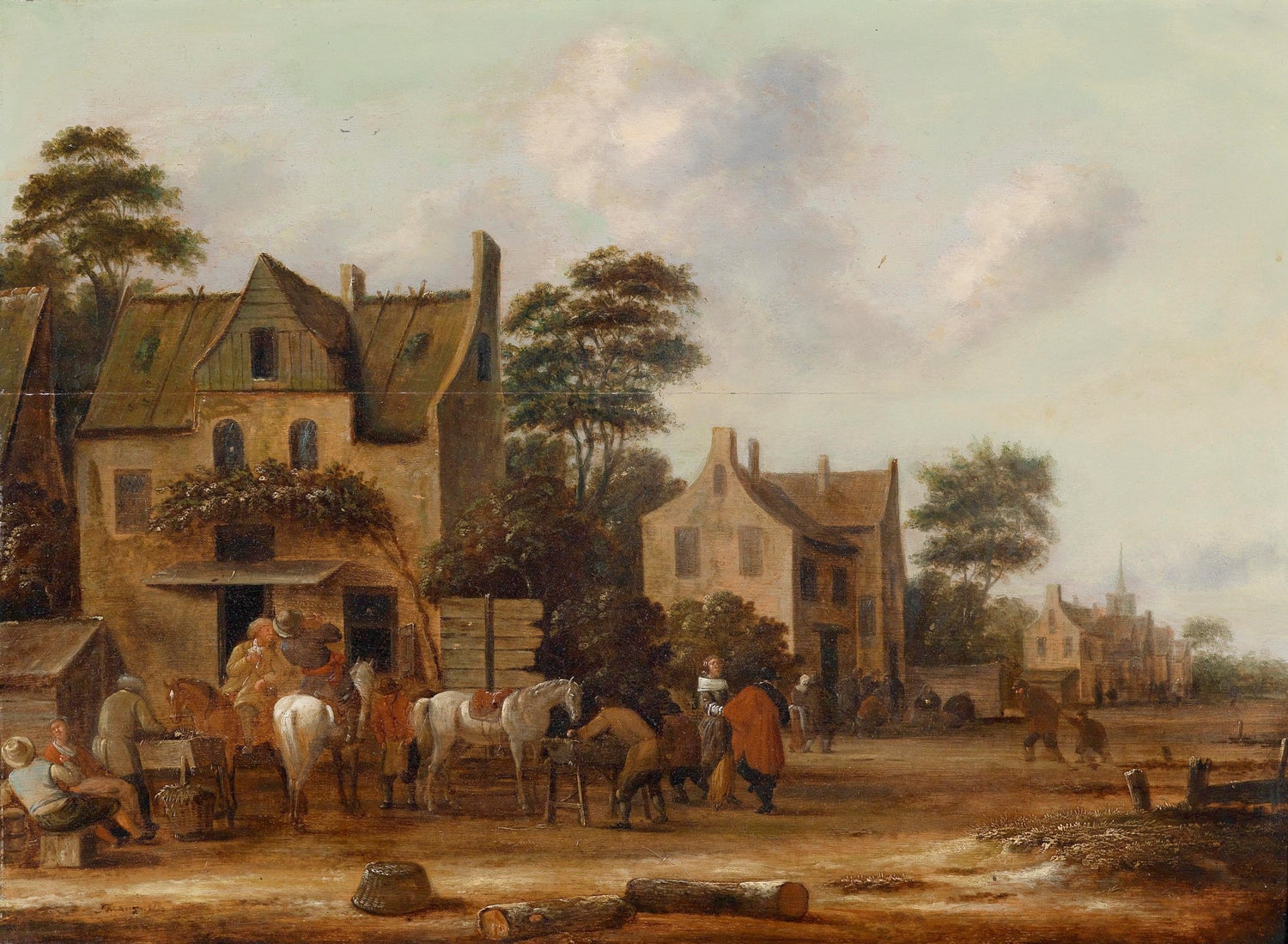 Landscape Oil Painting - Old Village Square, Traditional Buildings, Horses - Oil Painting Haven