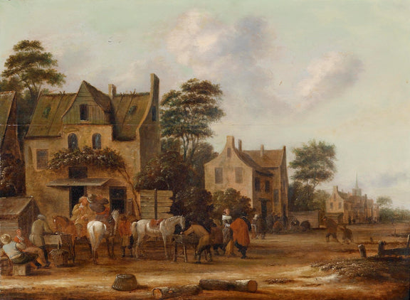 Landscape Oil Painting - Old Village Square, Traditional Buildings, Horses - Oil Painting Haven