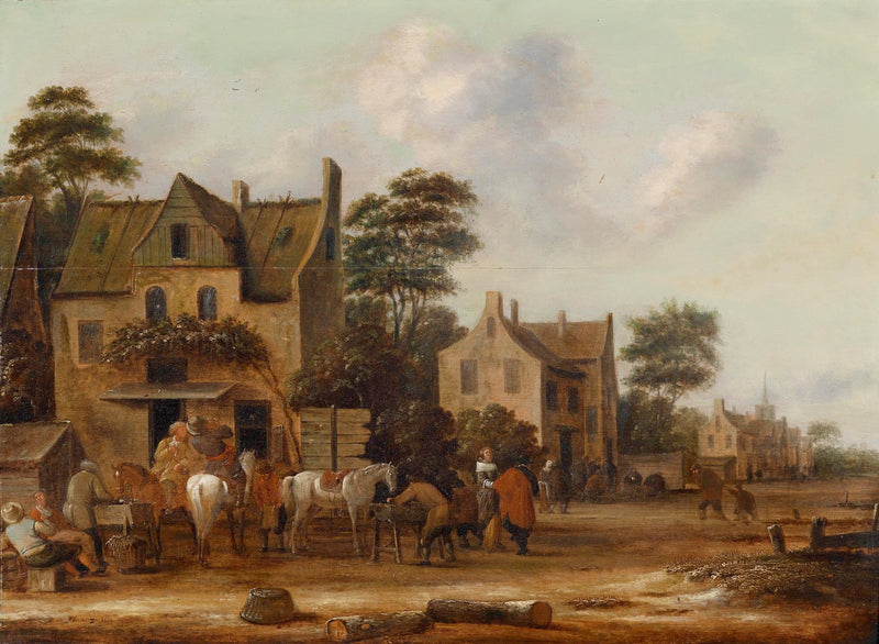 Landscape Oil Painting - Old Village Square, Traditional Buildings, Horses - Oil Painting Haven