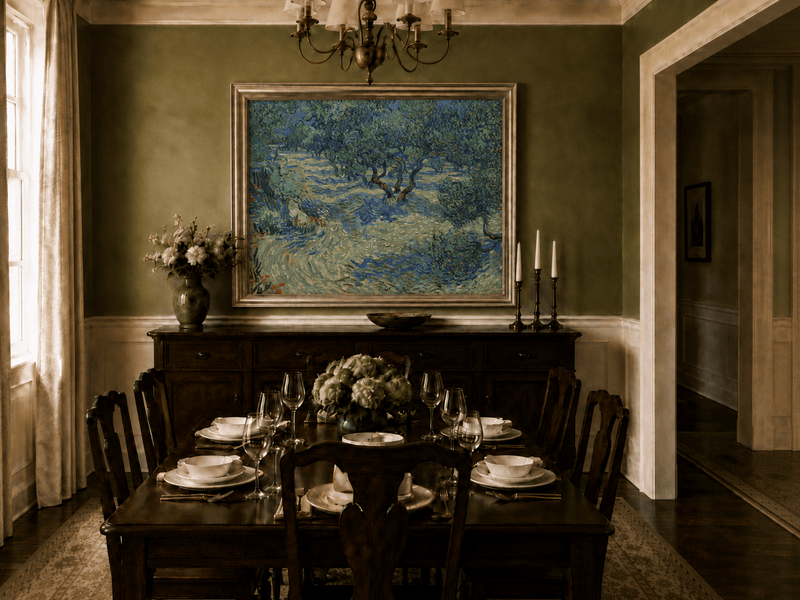 Landscape Oil Painting - Olive Orchard in Blue and Green