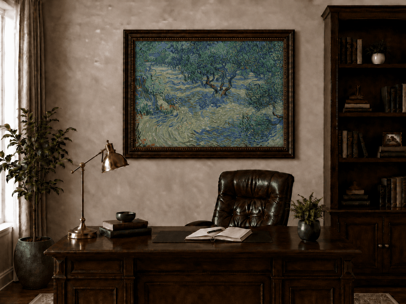 Landscape Oil Painting - Olive Orchard in Blue and Green