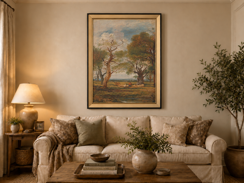 Hand-painted Open Meadow with Old Trees landscape oil painting displayed as wall art in a styled interior