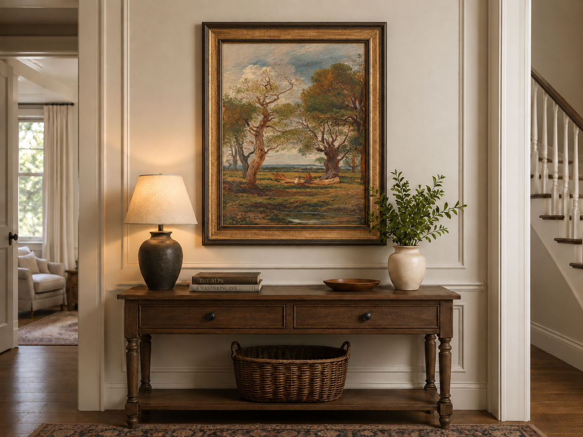 Hand-painted Open Meadow with Old Trees landscape oil painting displayed as wall art in a styled interior