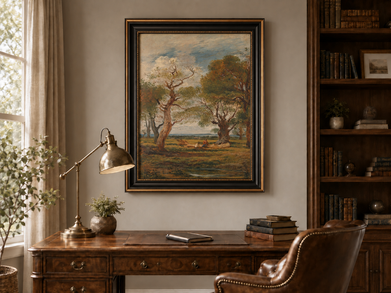Hand-painted Open Meadow with Old Trees landscape oil painting displayed as wall art in a styled interior