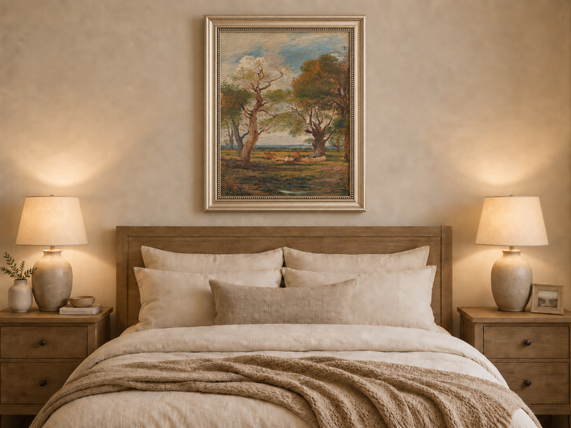 Hand-painted Open Meadow with Old Trees landscape oil painting displayed as wall art in a styled interior