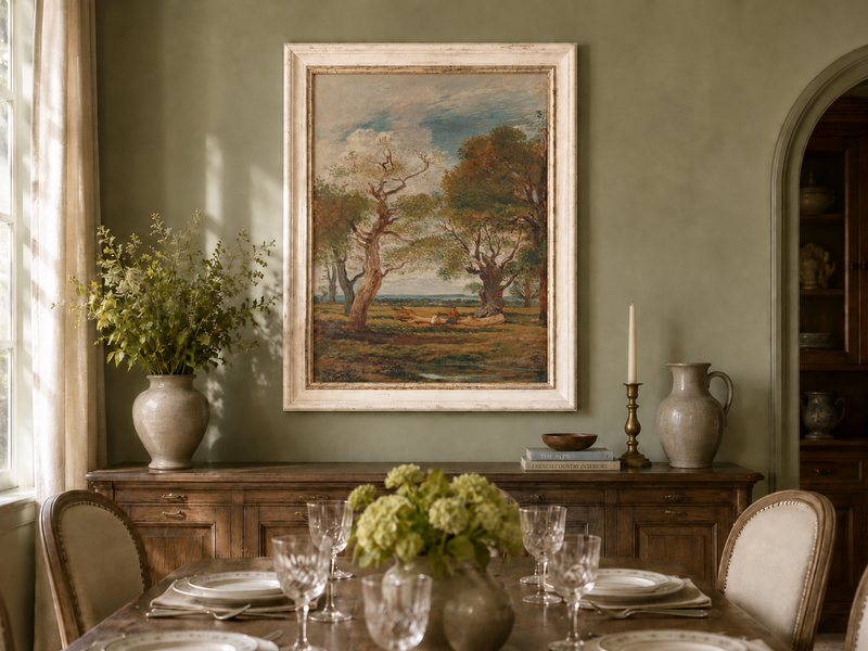 Hand-painted Open Meadow with Old Trees landscape oil painting displayed as wall art in a styled interior