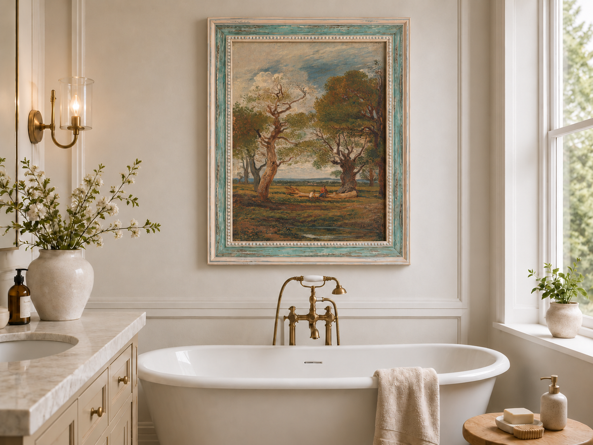 Hand-painted Open Meadow with Old Trees landscape oil painting displayed as wall art in a styled interior