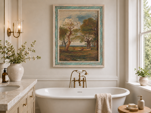 Hand-painted Open Meadow with Old Trees landscape oil painting displayed as wall art in a styled interior