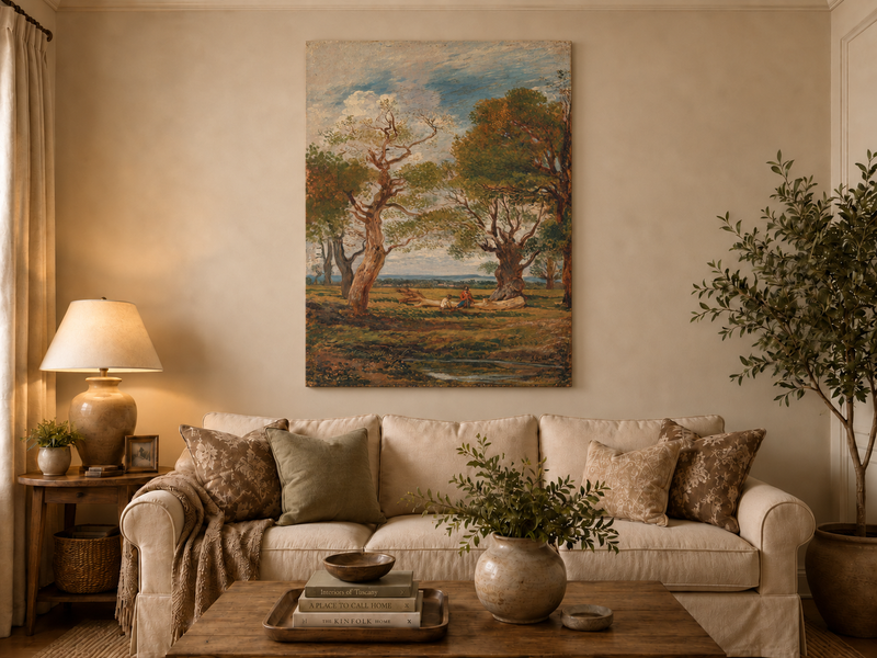 Hand-painted Open Meadow with Old Trees landscape oil painting displayed as wall art in a styled interior