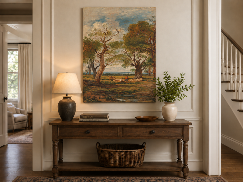 Hand-painted Open Meadow with Old Trees landscape oil painting displayed as wall art in a styled interior