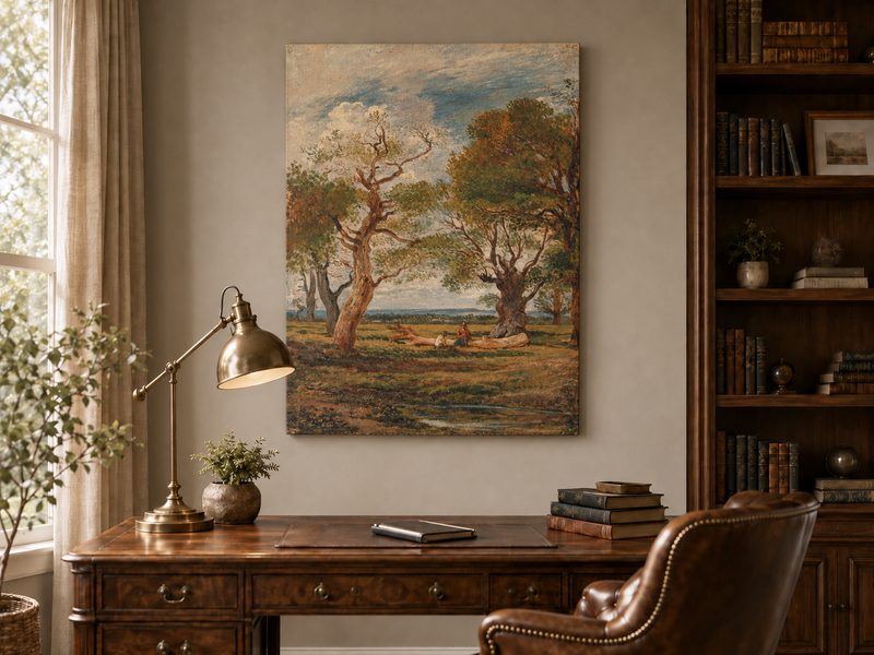 Hand-painted Open Meadow with Old Trees landscape oil painting displayed as wall art in a styled interior