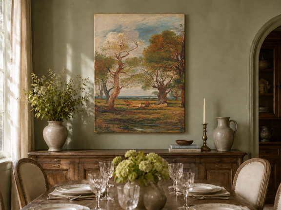 Hand-painted Open Meadow with Old Trees landscape oil painting displayed as wall art in a styled interior