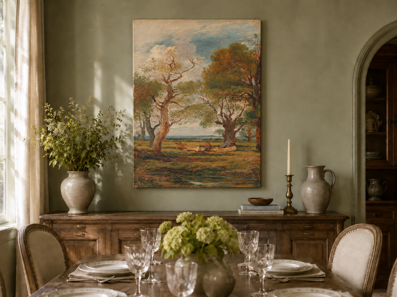 Hand-painted Open Meadow with Old Trees landscape oil painting displayed as wall art in a styled interior