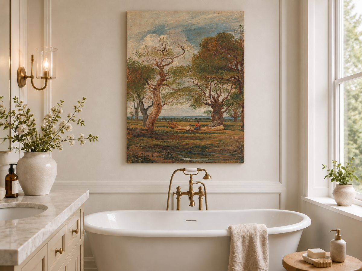 Hand-painted Open Meadow with Old Trees landscape oil painting displayed as wall art in a styled interior