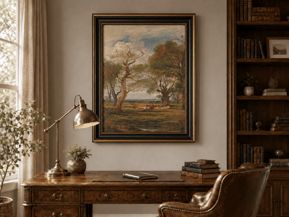 Hand-painted Open Meadow with Old Trees landscape oil painting displayed as wall art in a styled interior