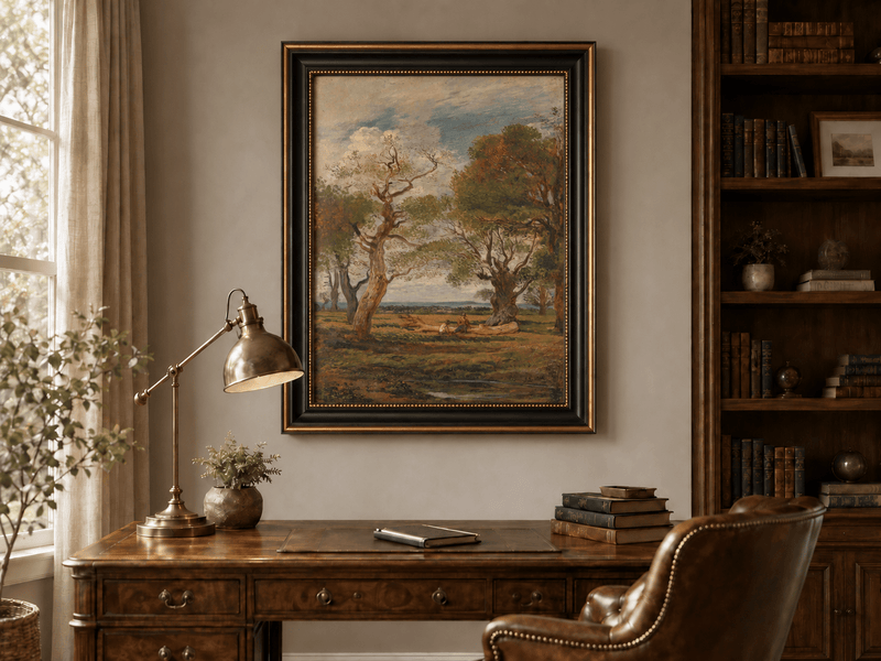Hand-painted Open Meadow with Old Trees landscape oil painting displayed as wall art in a styled interior