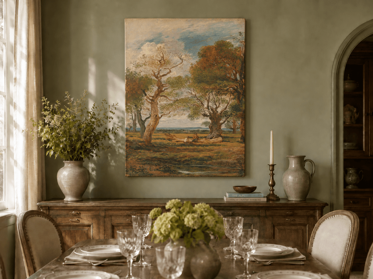 Hand-painted Open Meadow with Old Trees landscape oil painting displayed as wall art in a styled interior