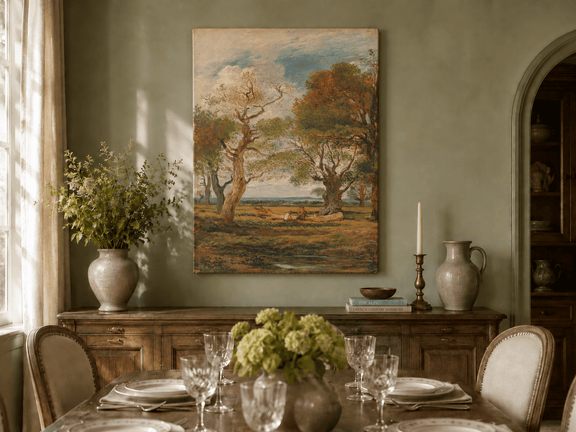 Hand-painted Open Meadow with Old Trees landscape oil painting displayed as wall art in a styled interior
