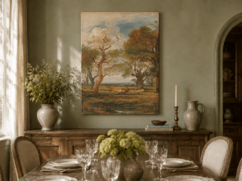 Hand-painted Open Meadow with Old Trees landscape oil painting displayed as wall art in a styled interior