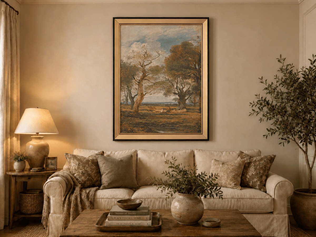 Hand-painted Open Meadow with Old Trees landscape oil painting displayed as wall art in a styled interior