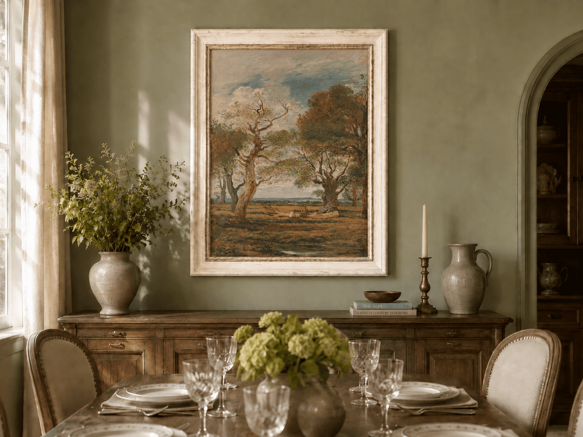 Hand-painted Open Meadow with Old Trees landscape oil painting displayed as wall art in a styled interior