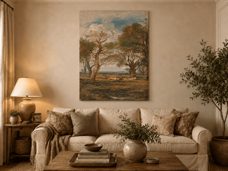 Hand-painted Open Meadow with Old Trees landscape oil painting displayed as wall art in a styled interior