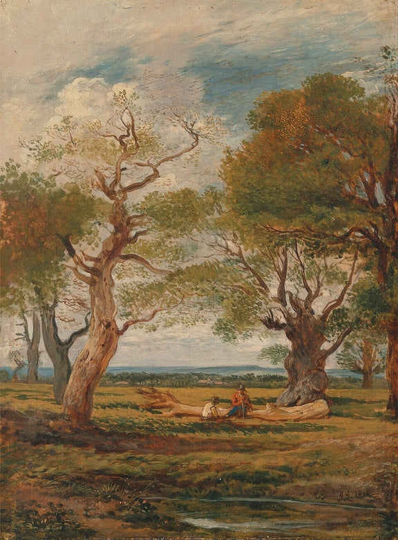 Hand-painted open meadow with old trees landscape oil painting on canvas