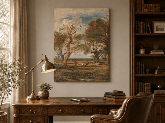 Hand-painted Open Meadow with Old Trees landscape oil painting displayed as wall art in a styled interior