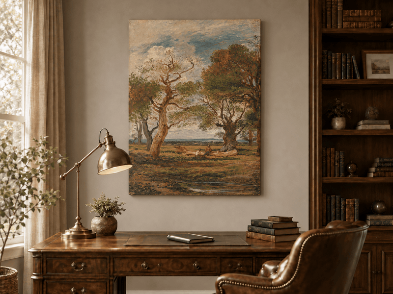 Hand-painted Open Meadow with Old Trees landscape oil painting displayed as wall art in a styled interior