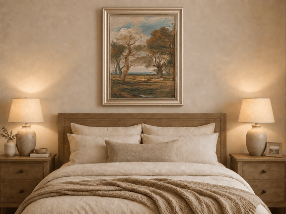 Hand-painted Open Meadow with Old Trees landscape oil painting displayed as wall art in a styled interior