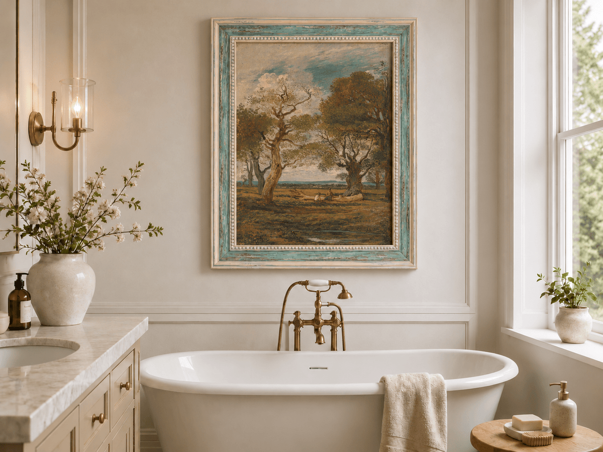 Hand-painted Open Meadow with Old Trees landscape oil painting displayed as wall art in a styled interior