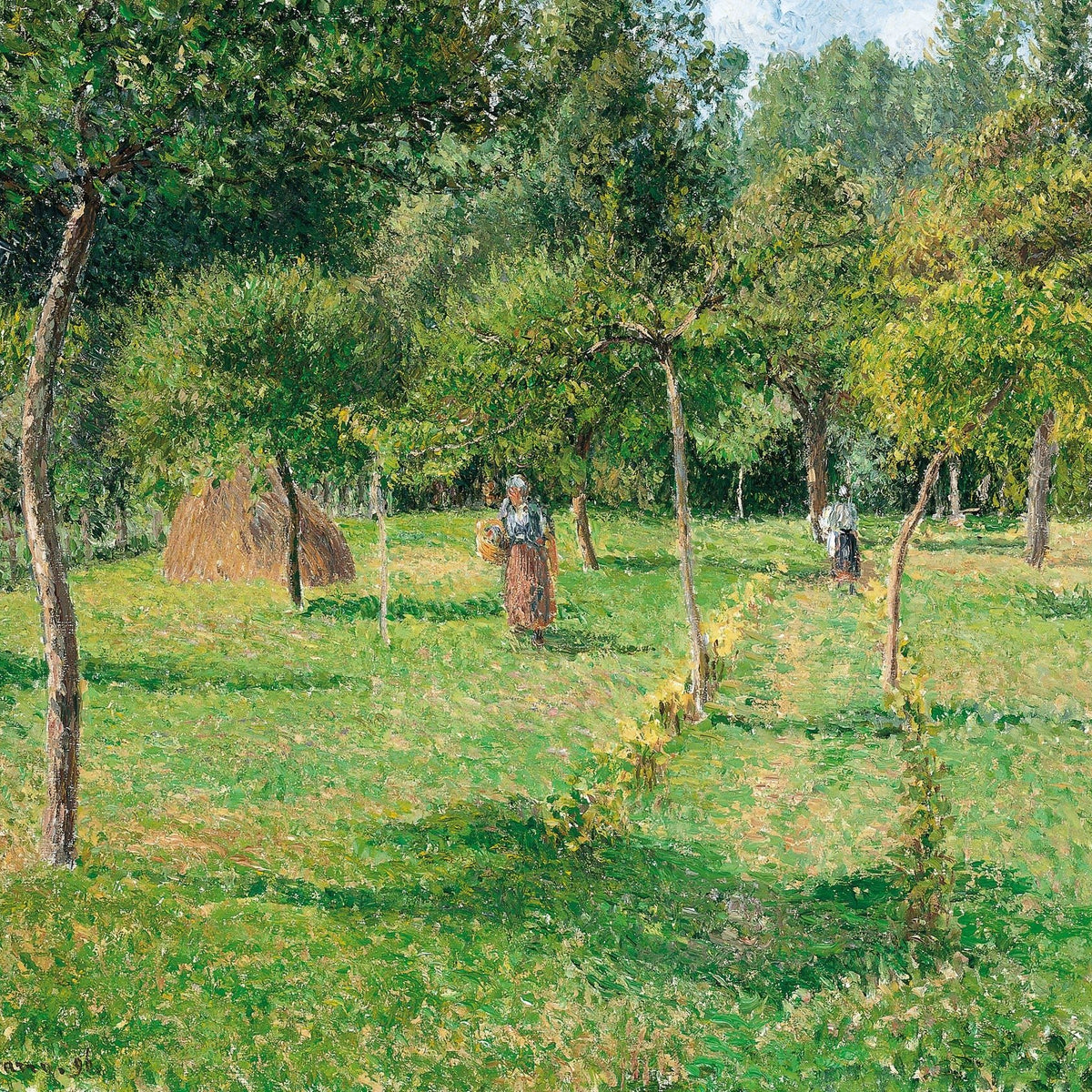 Hand-painted orchard scene with figures in sunlight landscape oil painting on canvas