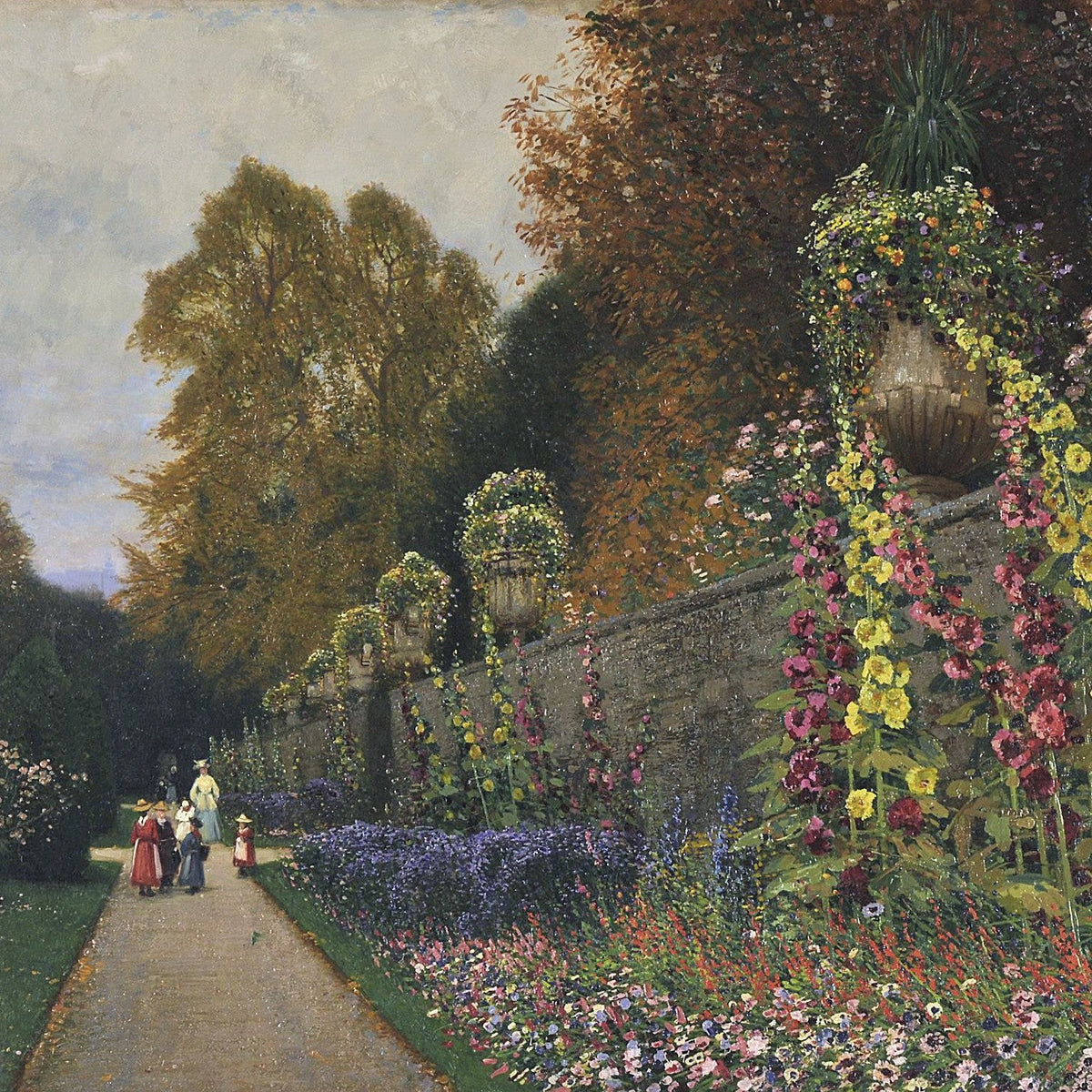 Landscape Oil Painting - Ornamental Garden Path, Blooms & Urn Planters - Oil Painting Haven