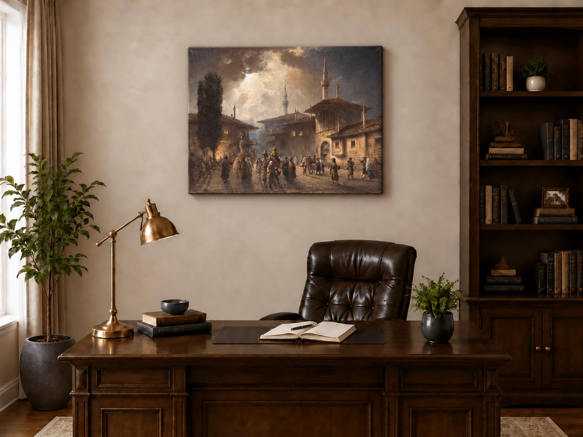 Landscape Oil Painting - Ottoman Courtyard Minarets, Hand-Painted