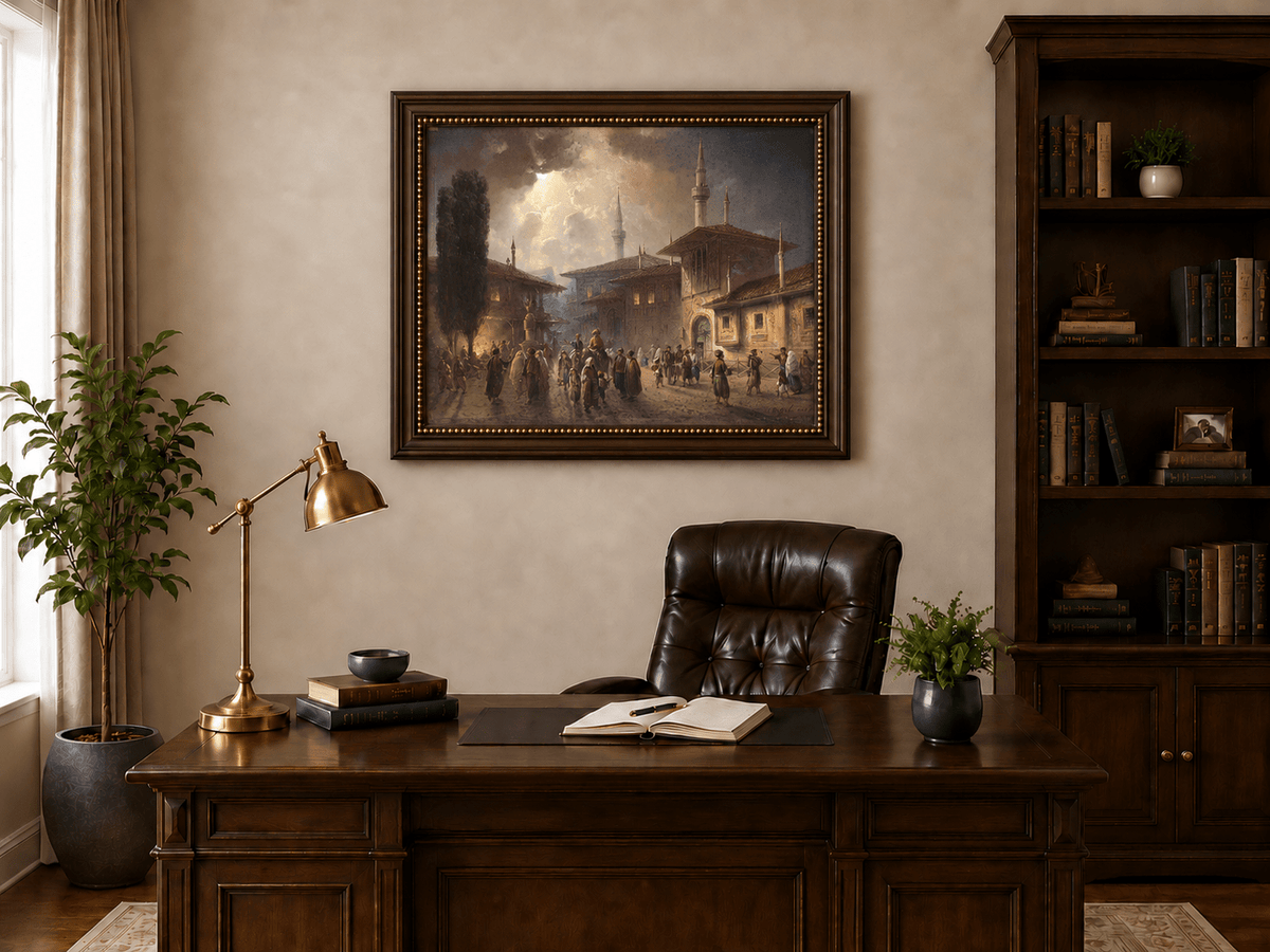 Landscape Oil Painting - Ottoman Courtyard Minarets, Hand-Painted