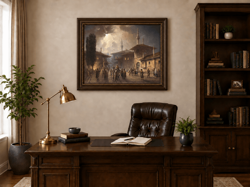 Landscape Oil Painting - Ottoman Courtyard Minarets, Hand-Painted