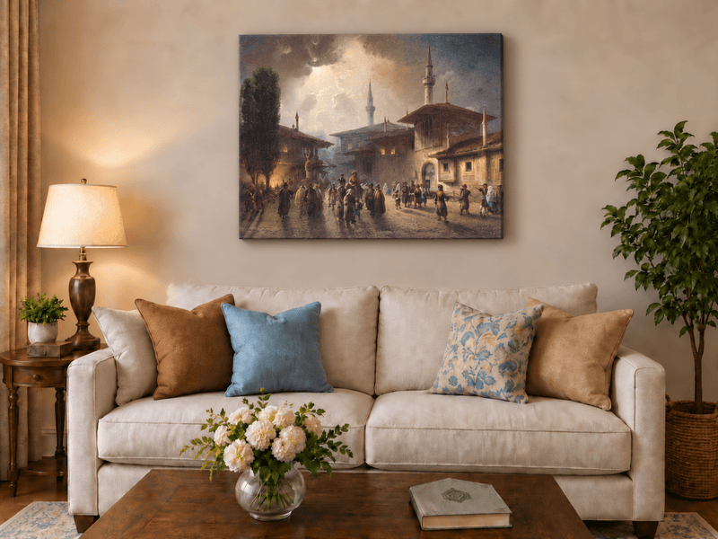 Landscape Oil Painting - Ottoman Courtyard Minarets, Hand-Painted
