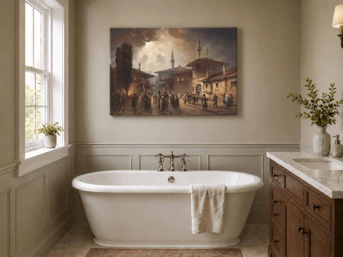 Landscape Oil Painting - Ottoman Courtyard Minarets, Hand-Painted