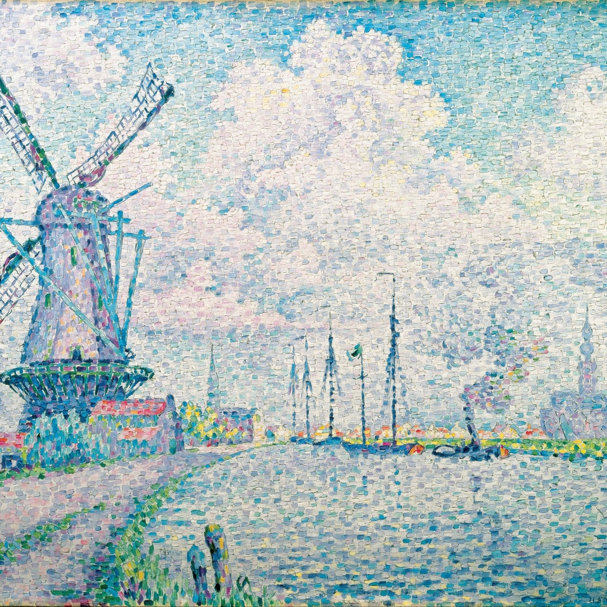 Hand-painted overschie canal windmill scene landscape oil painting on canvas