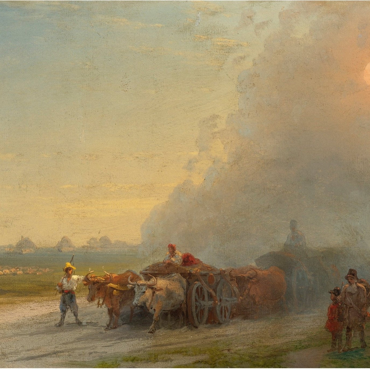 Landscape Oil Painting - Ox Cart on Dusty Country Road at Sunset - Oil Painting Haven